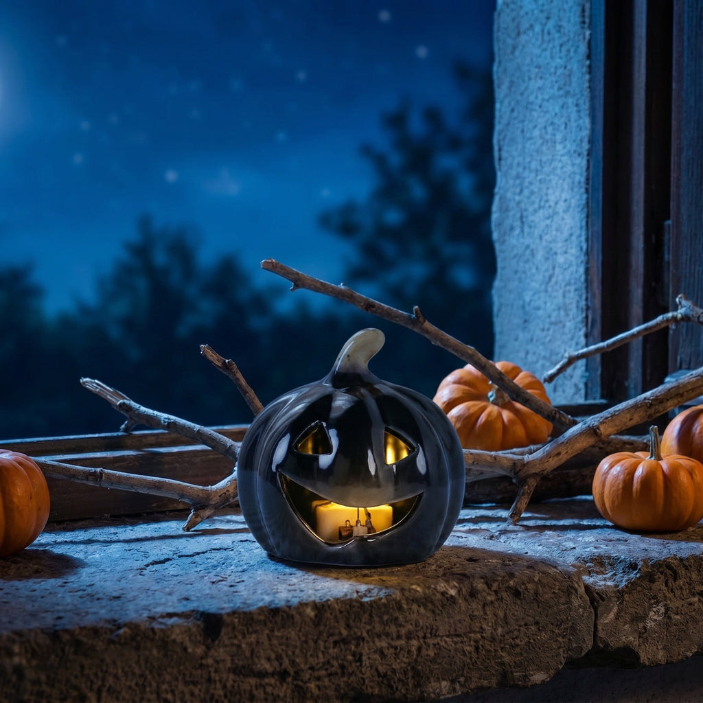 LEFXSMR Pumpkin Night Light, Ceramics Glowing Pumpkin Decor with Led, Waterproof Halloween Light for Home Holiday Desktop Decor