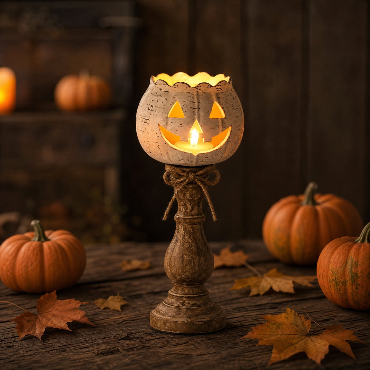 Halloween Lamp Indoor Tabletop Decorations, LED Lighted Wooden Pumpkin with Vintage Pedestal Stand and Rope Bow, 8.7 Inch Rustic Halloween Decor for Home Mantel Entryway
