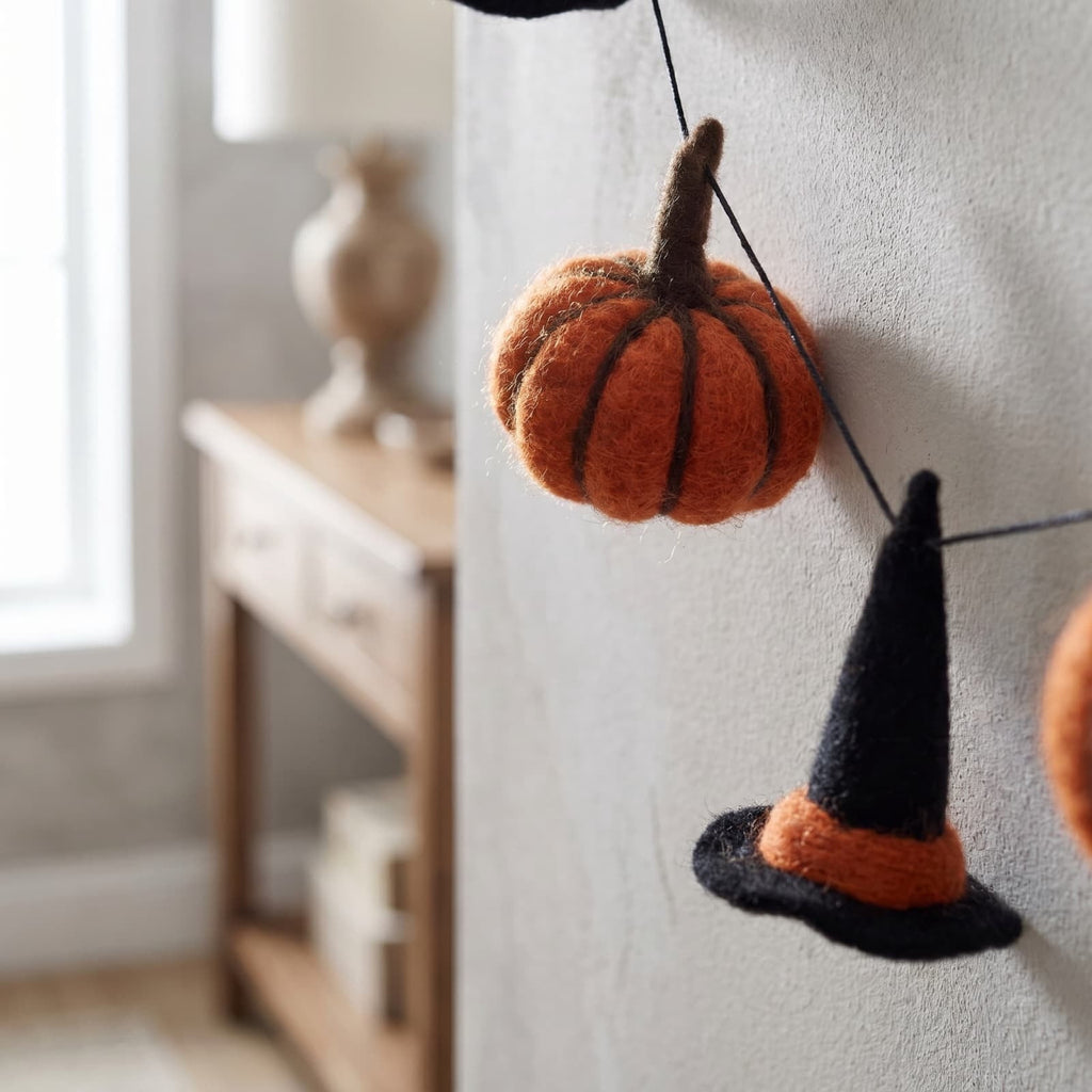 72-Inch Halloween Hanging Wreath, Floral Garland with Ghost, Pumpkin, and Witch Hat for Holiday Home Decor