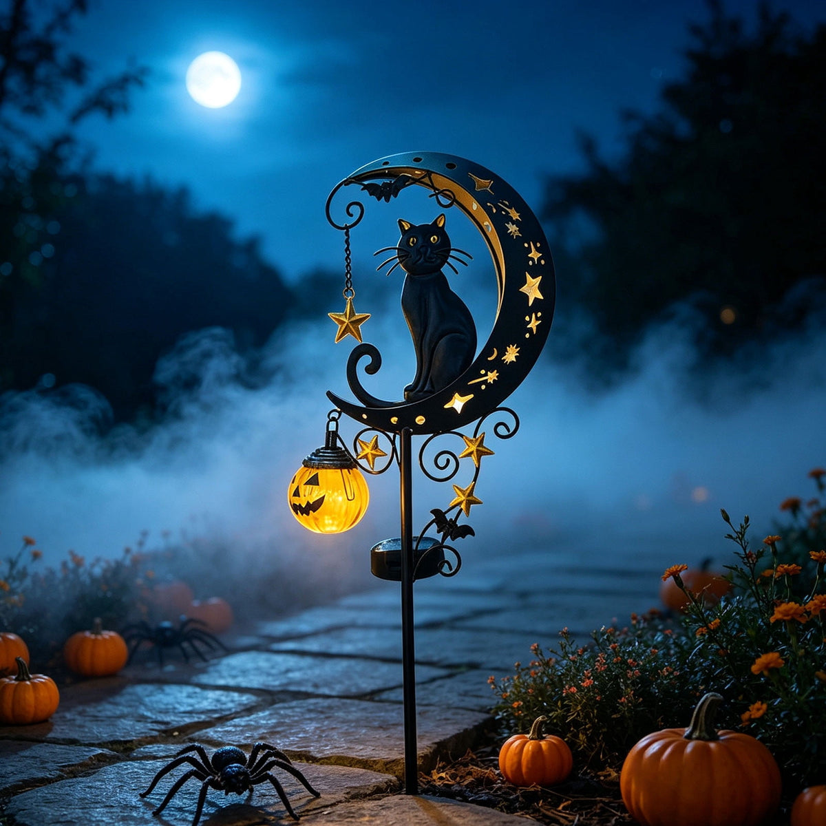 Solar Halloween Metal Moon Black Cat Garden Stake with LED Pumpkin Lantern, Light Up Star Bat Yard Decor Stake, Spooky Outdoor Lawn Pathway Halloween Decoration