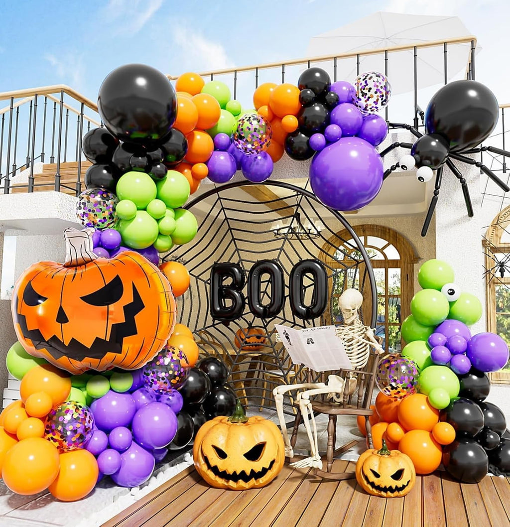 Halloween Balloons Set, 65Pcs 12Inch Black Orange Purple Green Balloons Kit, Black and Orange Latex Balloons for Birthday Wedding Halloween Party Decorations