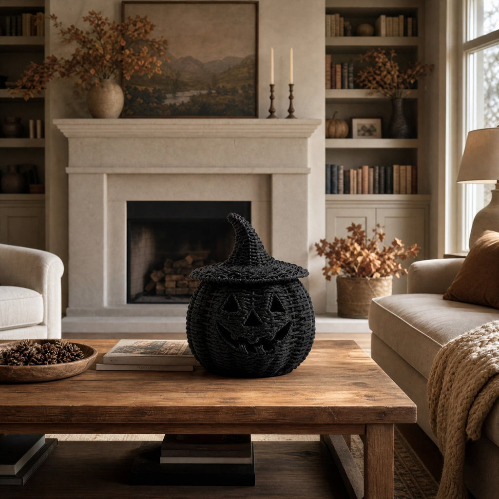 Black Woven Pumpkin Basket with Witch Hat Cover Lid, 11" Halloween Jack-O-Lantern Woven Container, Handcrafted Rattan Pumpkin Tabletop Centerpiece for Home Office Halloween Party Table