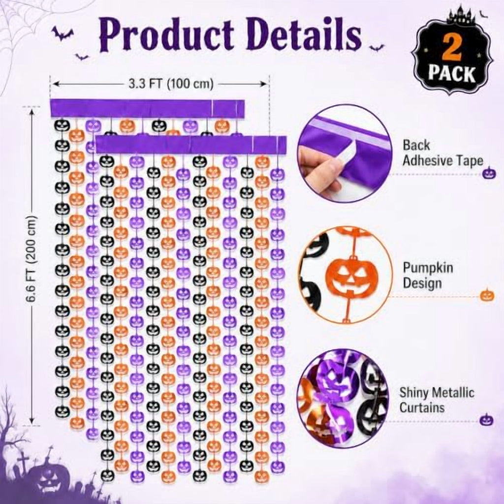Halloween Party Decorations, 2 PCS Pumpkin Metallic Foil Fringe Curtain