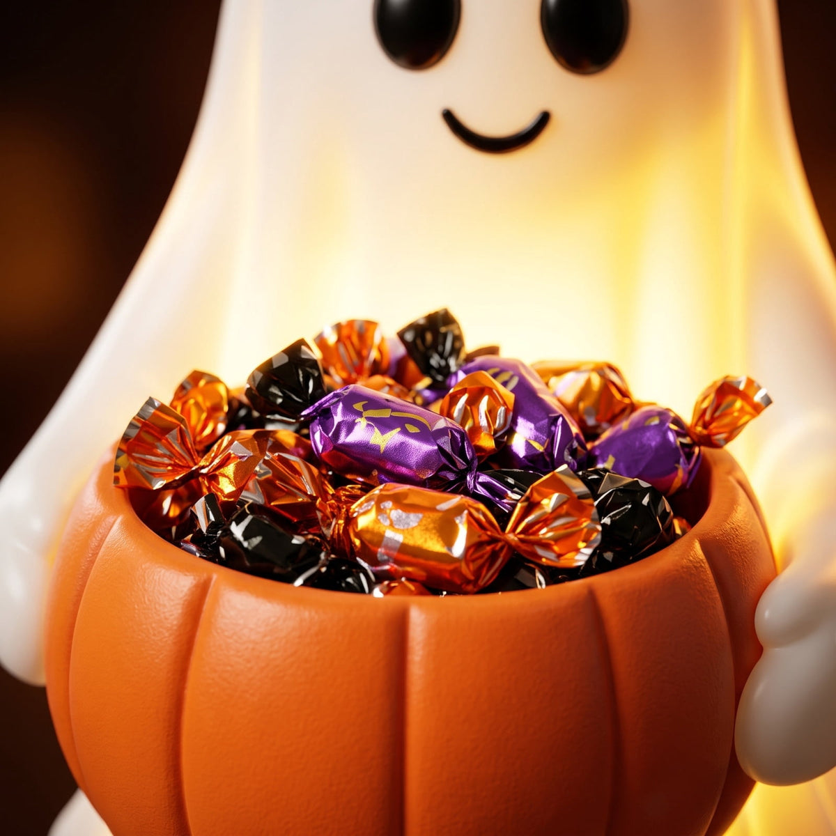 Lighted Halloween Ghost Candy Bowl, Cute LED Ghost Holding Pumpkin Candy Bucket for Trick or Treat, Outdoor Halloween Decorations for Front Porch, Indoor Yard Patio Halloween Decor