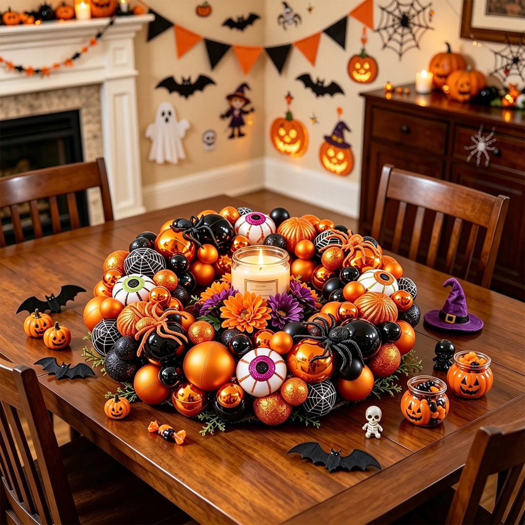 Godance 16 Inch Orange Halloween Spider Ball Wreath for Front Door, Halloween Treat-or-Trick Door Wreath Plastic Ball Ornament for Halloween Indoor Decorations Centerpiece Party Holiday Wall Decor