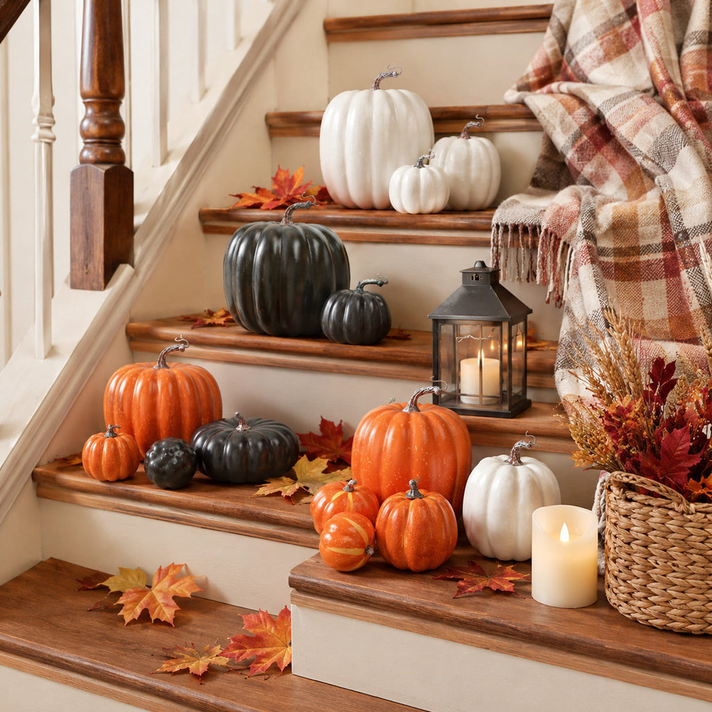 7 Pcs Assorted Size Artificial Pumpkin Set, Realistic Foam Pumpkin Decorations for Halloween Fall Harvest Decor, Thanksgiving Table Decor Centerpiece, Farmhouse Seasonal Home Decor and Party Display