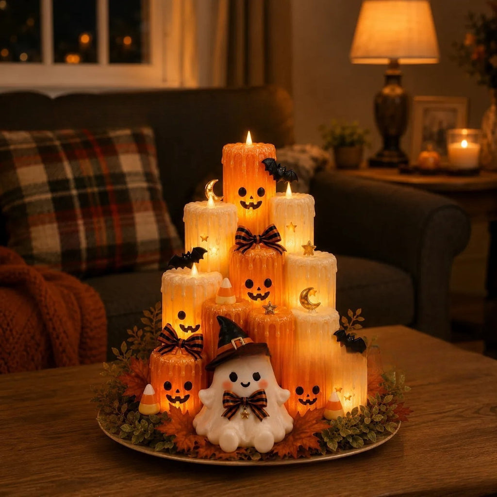 Halloween Ghost Pumpkin LED Candle, Halloween Tabletop Decor with Flickering Warm Light