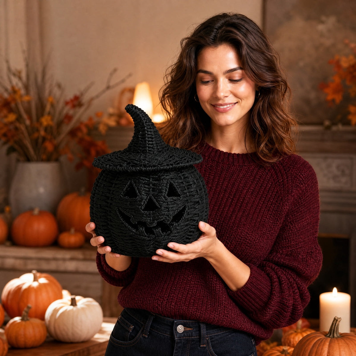 Sahpxhe Black Woven Pumpkin Basket with Lid Handmade Wicker Pumpkin Candy Baskets for Halloween Tabletop Mantel Candy Storage Decorations
