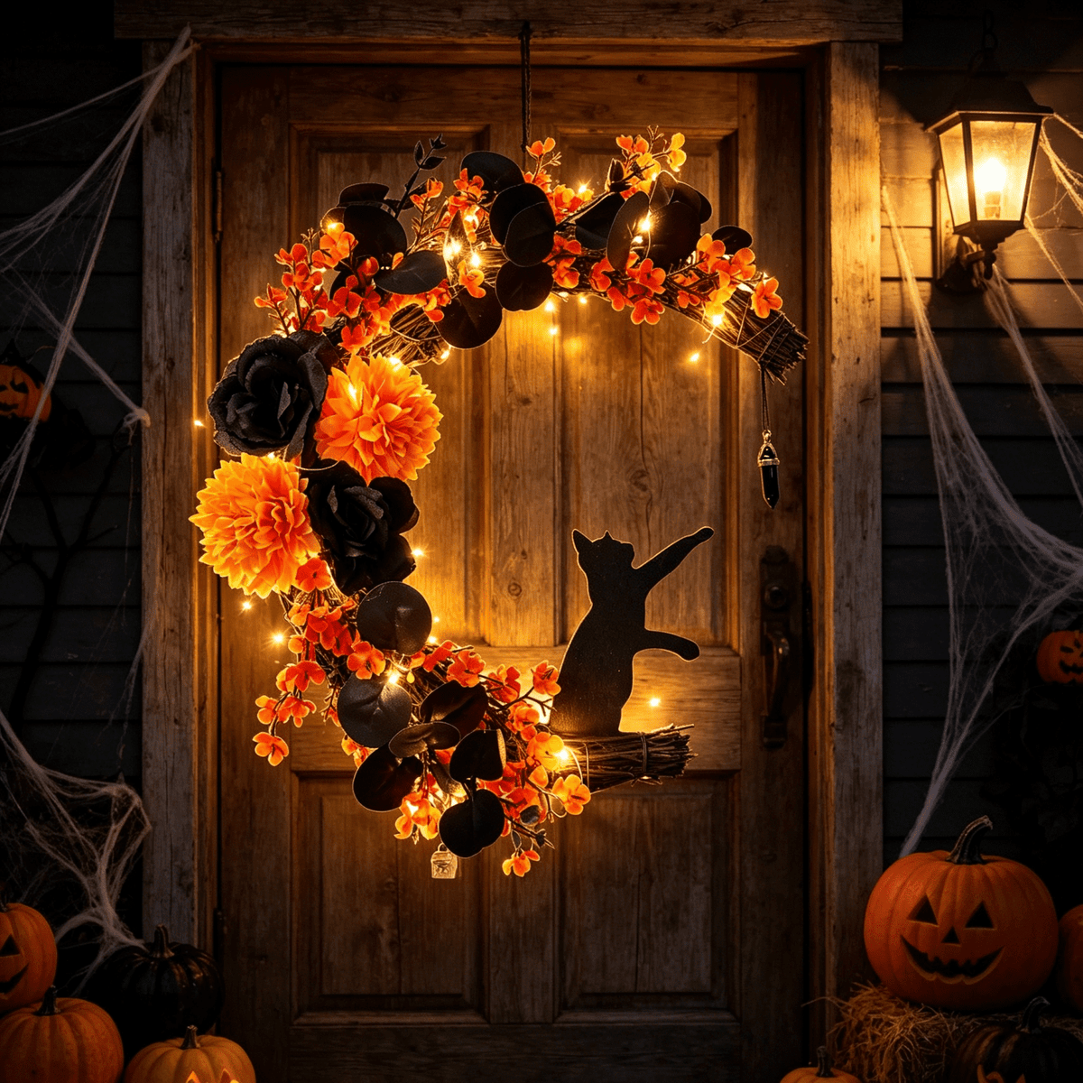 Halloween Wreath for Front Door with Lights, 14 Inch Black Cat Crescent Moon Wreath, Spooky Halloween Decoration with Orange Marigolds and Black Roses, Perfect for Home and Halloween Party Decor