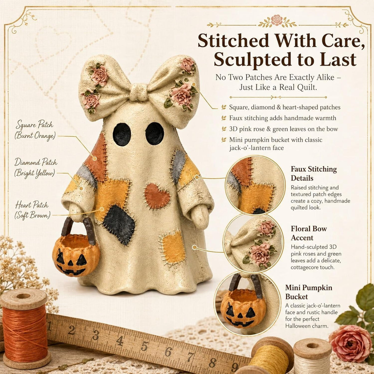 Vintage Halloween Decor Resin 4" - Light Up Ghost Statue & Pumpkin Lantern for Mantel Shelf & Entryway, 1 Pack Available