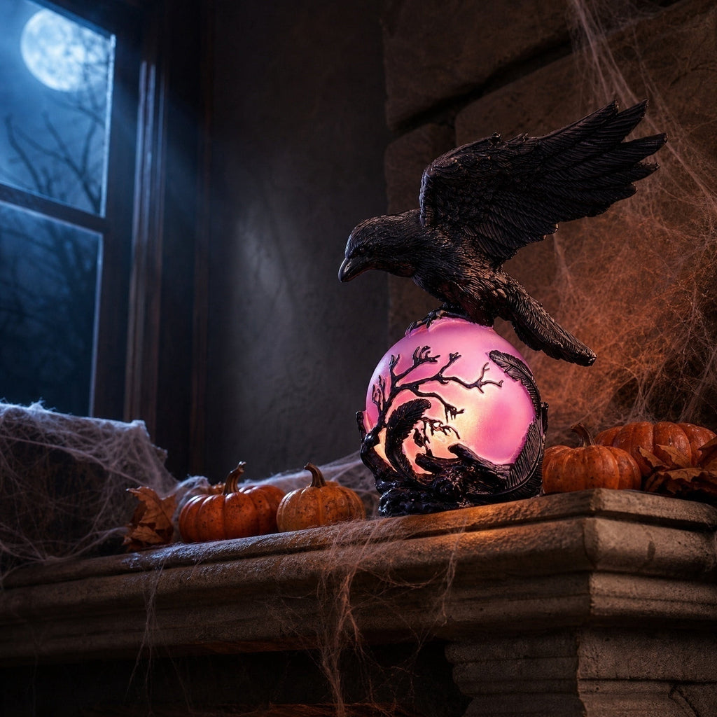 Gothic Mysterious Raven Lamp Light Sculpture, Resin Halloween Moonlight Luminous Crow Bird Led for Home Decor Gift, Bedroom Bedside, Living Room