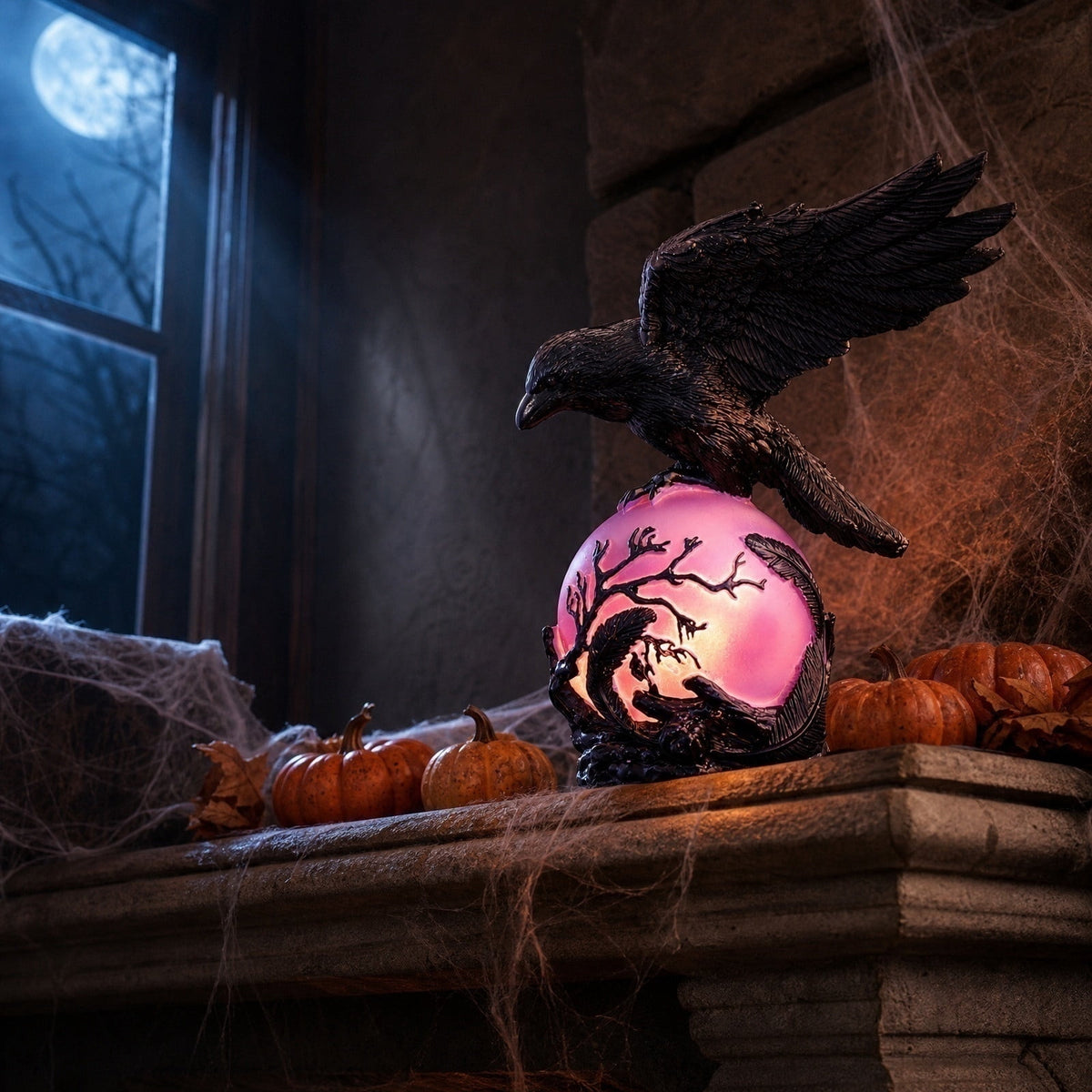 Gothic Mysterious Raven Lamp Light Sculpture, Resin Halloween Moonlight Luminous Crow Bird Led for Home Decor Gift, Bedroom Bedside, Living Room