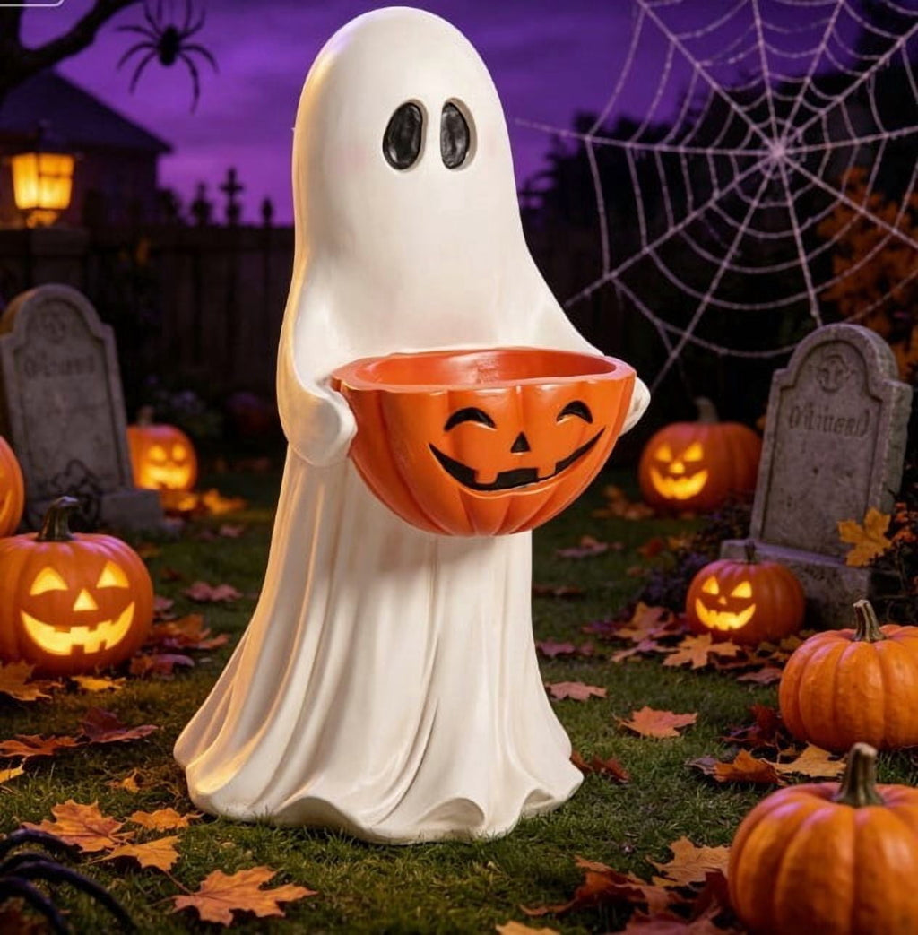 Outdoor Safe Halloween Ghost Figurine With Pumpkin Candy Bowl, Front Porch and Yard Statue, Indoor Outdoor Decorative Ghost for Treats and Decor