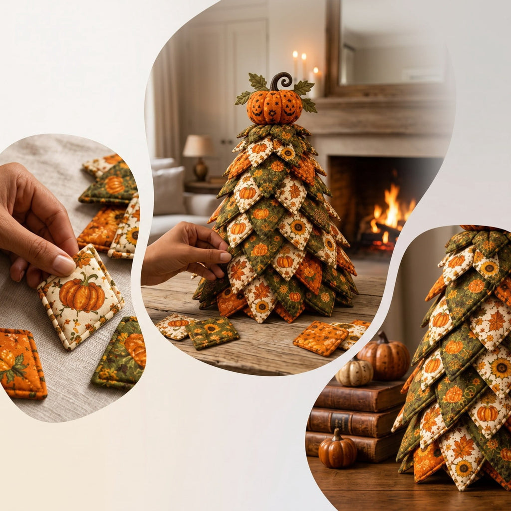 Lypsnake DIY Halloween Quilted Fabric Tree Kit, Vintage Pumpkin Sunflower Patchwork, 3D Padded Sewing Craft Project for Autumn Harvest Decor
