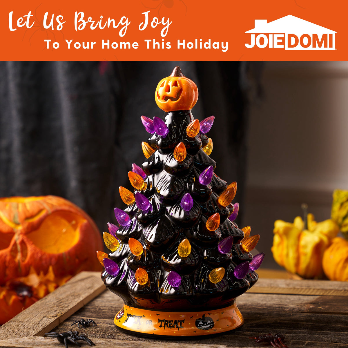 Joyfy 8.5 inch Halloween Decorations Ceramic Gnome Tree Decorations with Build-in LEDs,Light Up Pumpkin Table Decor Bedroom Indoor Centerpieces for Tables