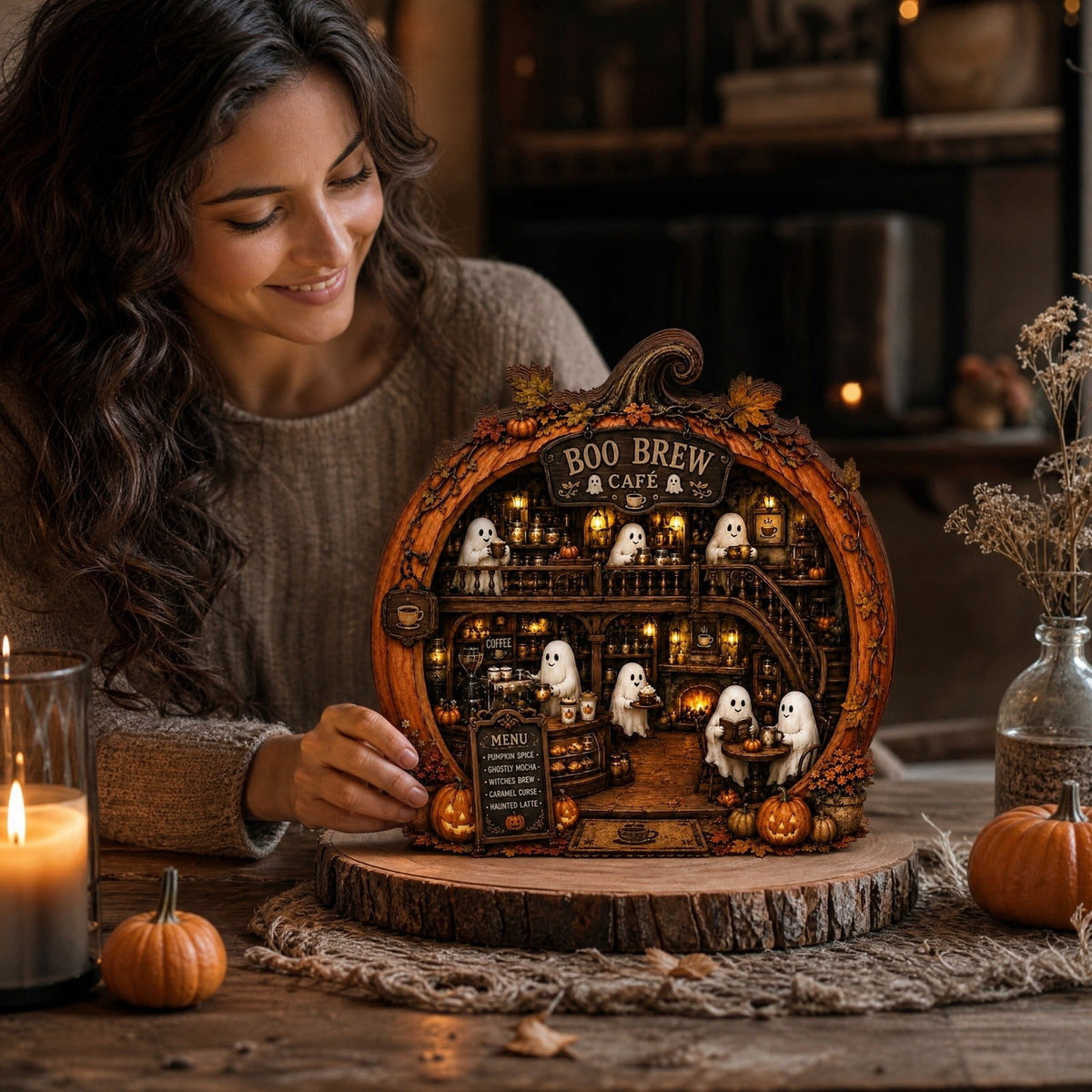 Halloween 2D Wooden Decoration, Ghost Pumpkin Cafe Tabletop Decor with Spooky Tavern Scene Design, Halloween Home Decor for Shelf Mantel Desk Display, Fall Decor and Seasonal Home Decorations