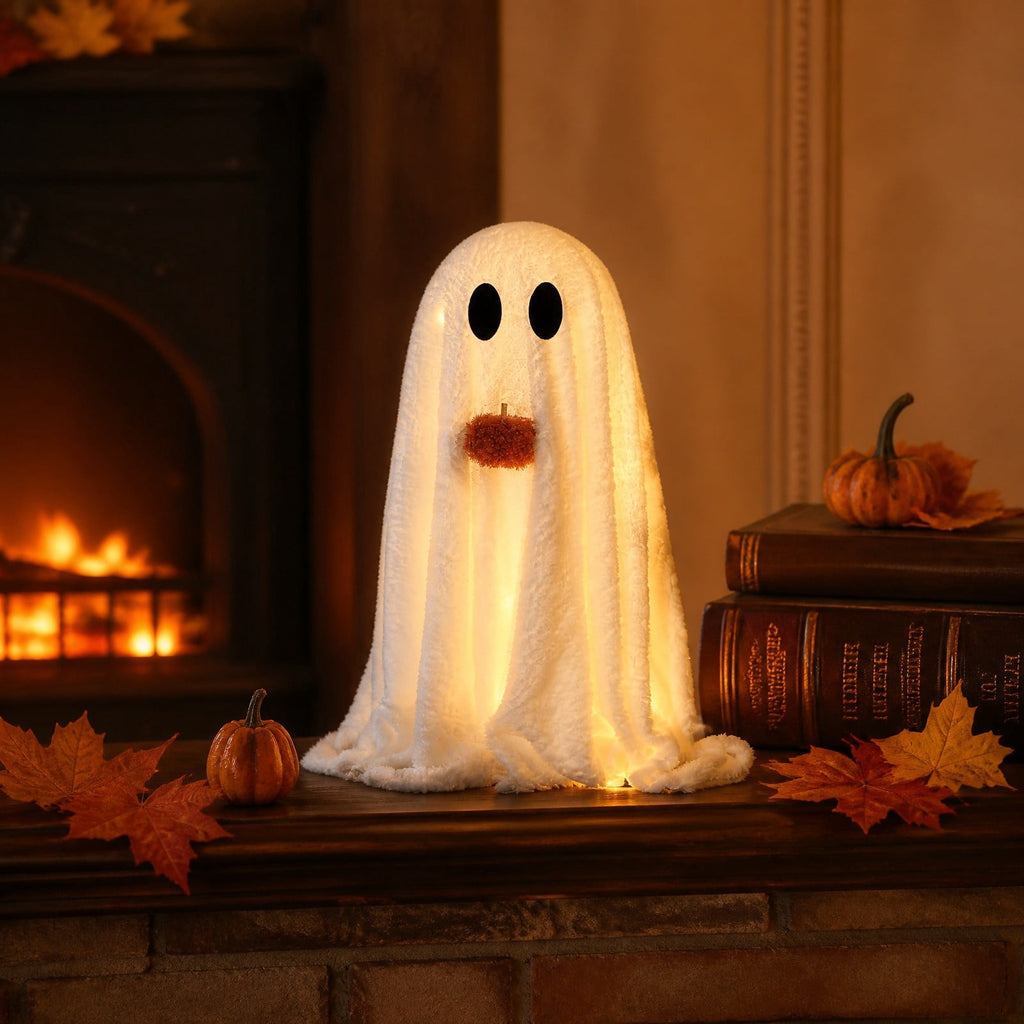 Light Up Plush Ghost with Pumpkin Ornament, Cute White Fabric Ghost Decoration with Warm LED Light, Halloween Luminous Farmhouse Tabletop Decor for Mantel, Shelf and Home Display
