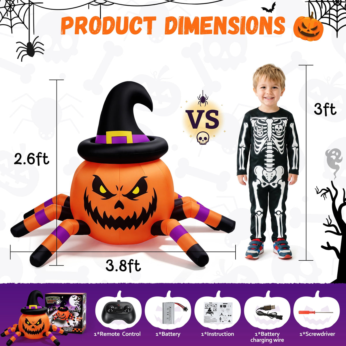 Firstness 2.4GHz Remote Control Car Halloween Inflatable Pumpkin Spider Blow ups Rc Car 360° Rotation, 3 Music and LED Lights,Aged 3+