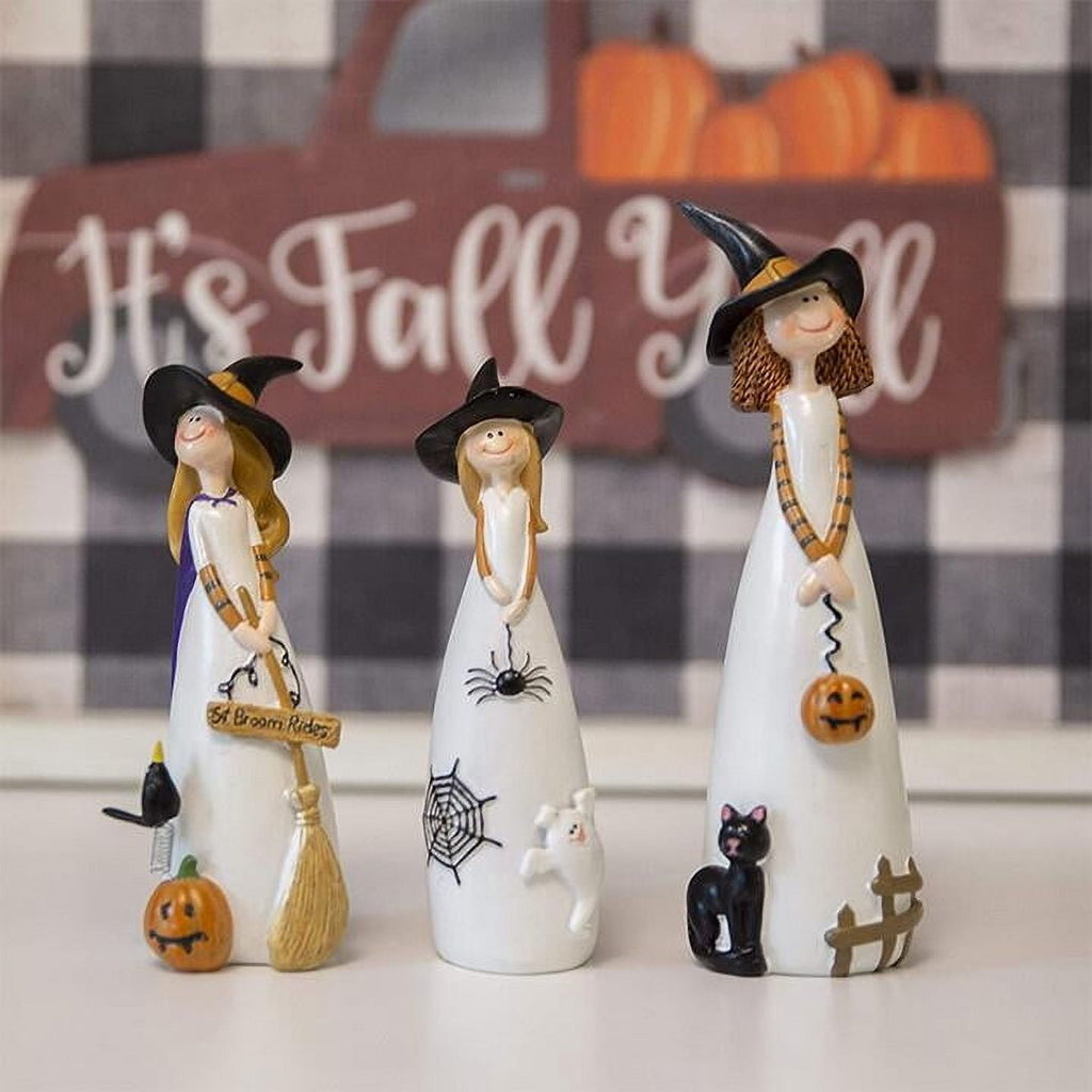 Halloween Witches Figurine Tabletop Decor,Resin Witch Statues Decorations with Classic Witches Hats,Cat,Ghost,Crow, and Pumpkins,Holiday,Party,Home Decor and Fall Decor