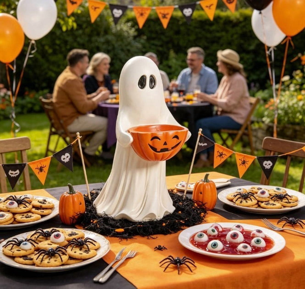 SCNOR Friendly Ghost Statue with Pumpkin Candy Bowl, 11.8 Inch Halloween Decoration for Outdoor Porch, Yard, Patio & Indoor