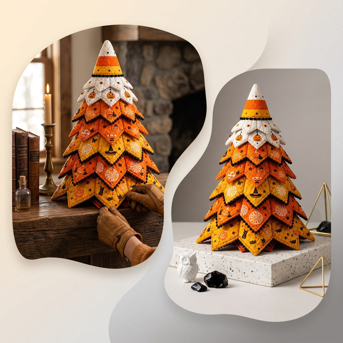 Lypsnake DIY Halloween Quilted Fabric Tree Kit, Vintage Pumpkin Sunflower Patchwork, 3D Padded Sewing Craft Project for Autumn Harvest Decor
