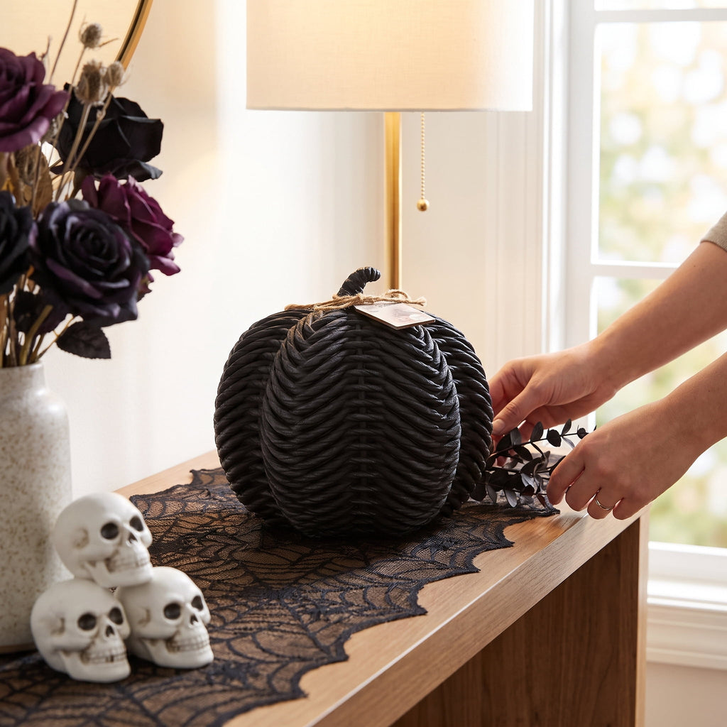 Woven Pumpkin Decoration, Black, 7", Halloween by Way To Celebrate