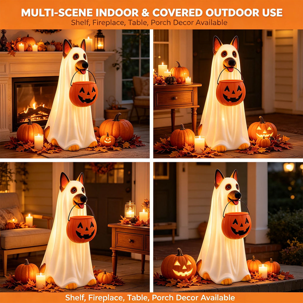 Fall Decorations for Home, 7.9in Lighted Halloween Scarecrow Dog Figurine, Resin Thanksgiving Halloween Garden Dogs Figurines for Autumn Harvest Porch Yard Garden Decor