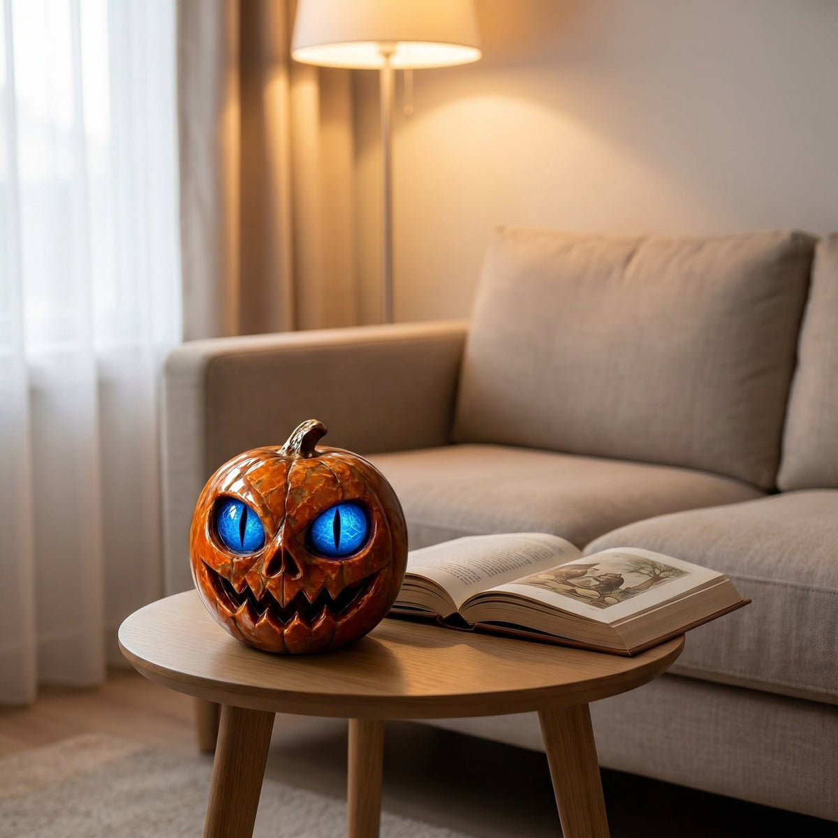 Halloween Scary Jack O Lantern Pumpkin Statue with Color Changing LED Eyes Spooky Tabletop Yard Decor Prop