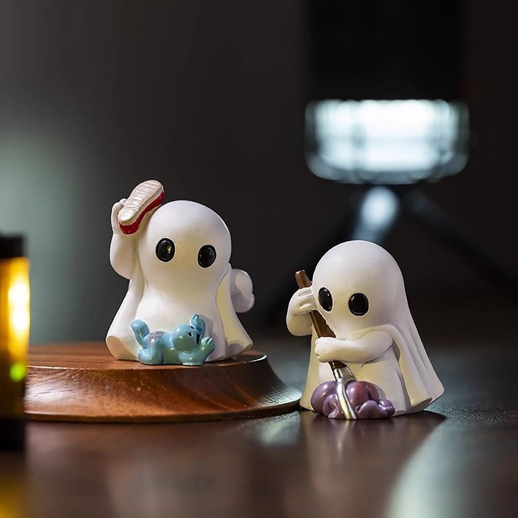 Halloween Ghost Figurine, Resin Lighted Ghost Ornament with Pumpkin Lantern & Beverage Cup, Tabletop Halloween Indoor Decor