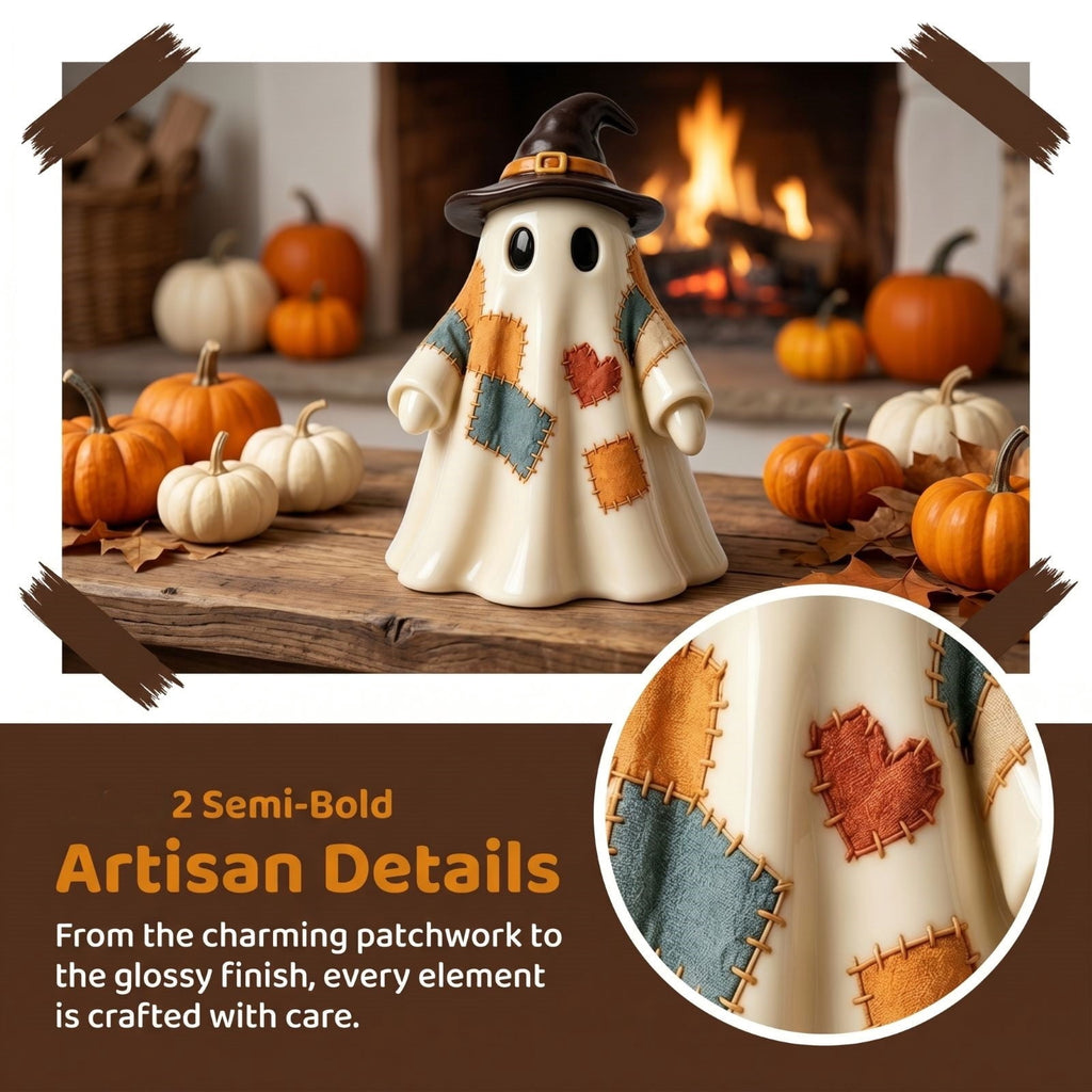 Vintage Patchwork Ghost Figurine, Cute Resin Halloween Ghost Statue with Floral Bow and Pumpkin Basket, Retro Fall Tabletop Mantel Shelf Entryway Porch Decor for Halloween Thanksgiving Home Party