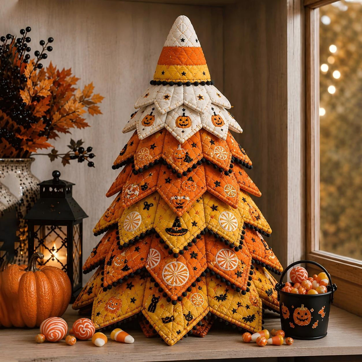 DIY Halloween Quilted Fabric Tree Kit, Sewing Project Holiday Mantel Decor, Quilted Patchwork Fabric Halloween Tabletop Christmas Tree, Handmade Gifts for Craft Lovers, Charming Patchwork Bundle #Cat