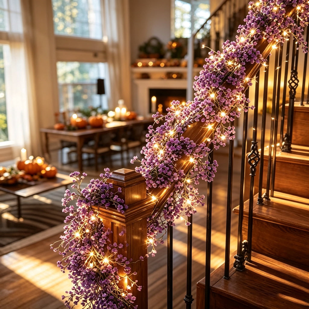 Halloween Black Garland with LED Lights 70.87 Inch Gothic Foliage for Mantel Stair Halloween Party Home Indoor Decor