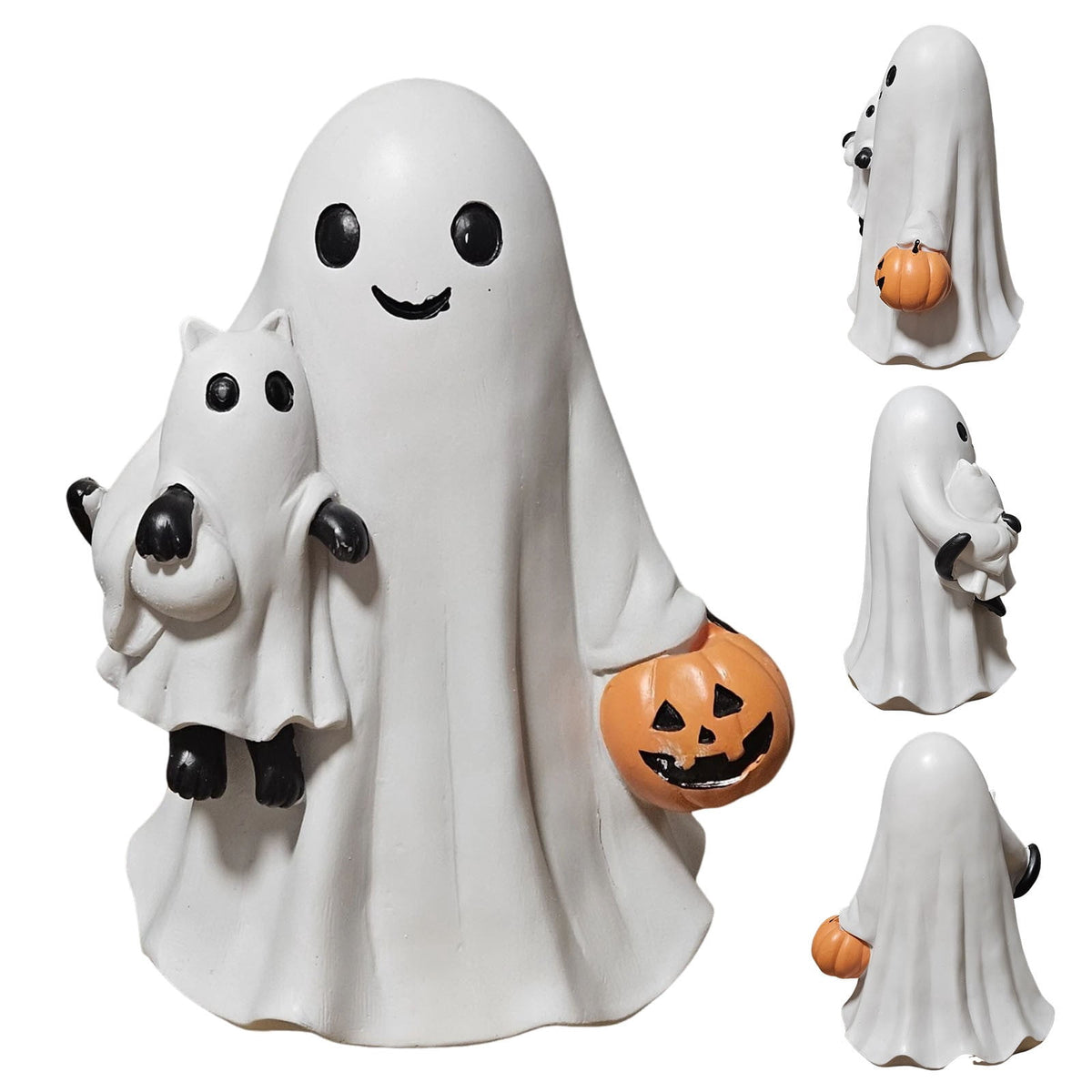 1Pc Halloween Ghost Holding Black Cat and Pumpkin Ornaments,Resin Figurine Holding Pumpkin Decor Cute Handmade Tabletop Statue Perfect for Halloween Home Decoration(White)