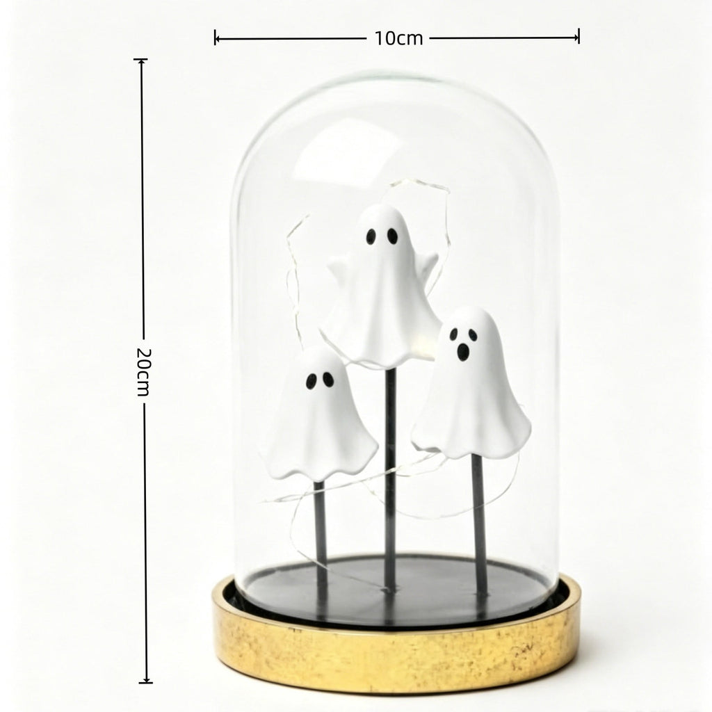 Orangide Halloween Ghost Cloche Night Light Fabric Ghost Lamp with Glass Dome for Mantel Shelf Spooky Party and Home Decor Ornament