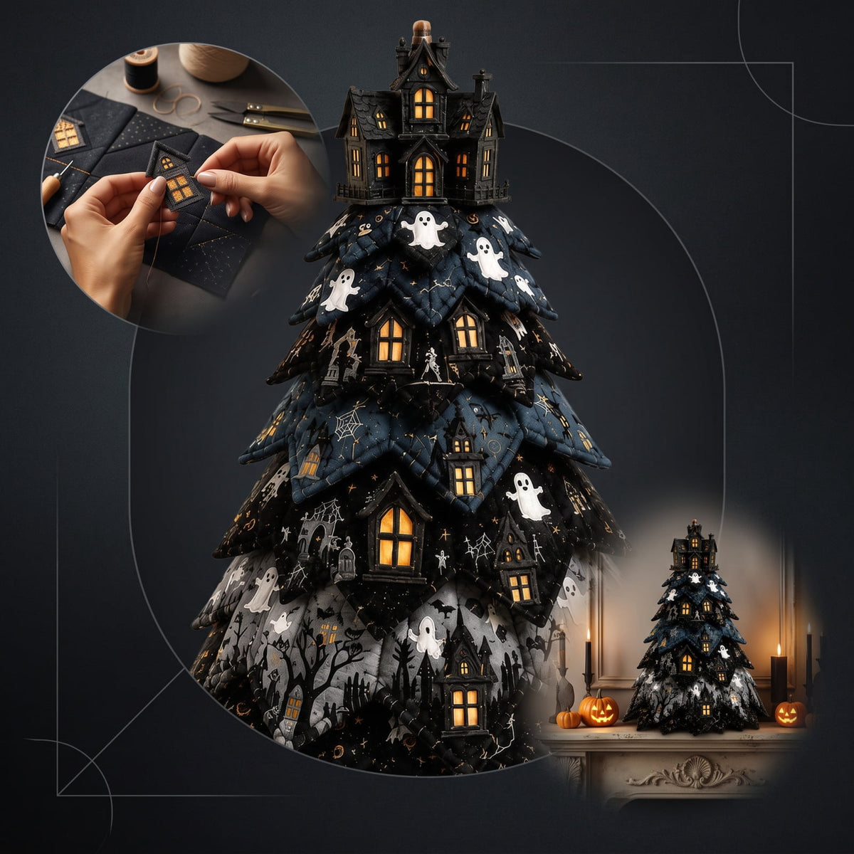 Halloween Fabric Trees - 11.8" DIY Halloween Quilted Fabric Tree Kit, Black Cat Pumpkin Witch Design, Sewing Patchwork Ghost Trees Holiday Table Mantel Decor, Handmade Gift for Craft Lovers