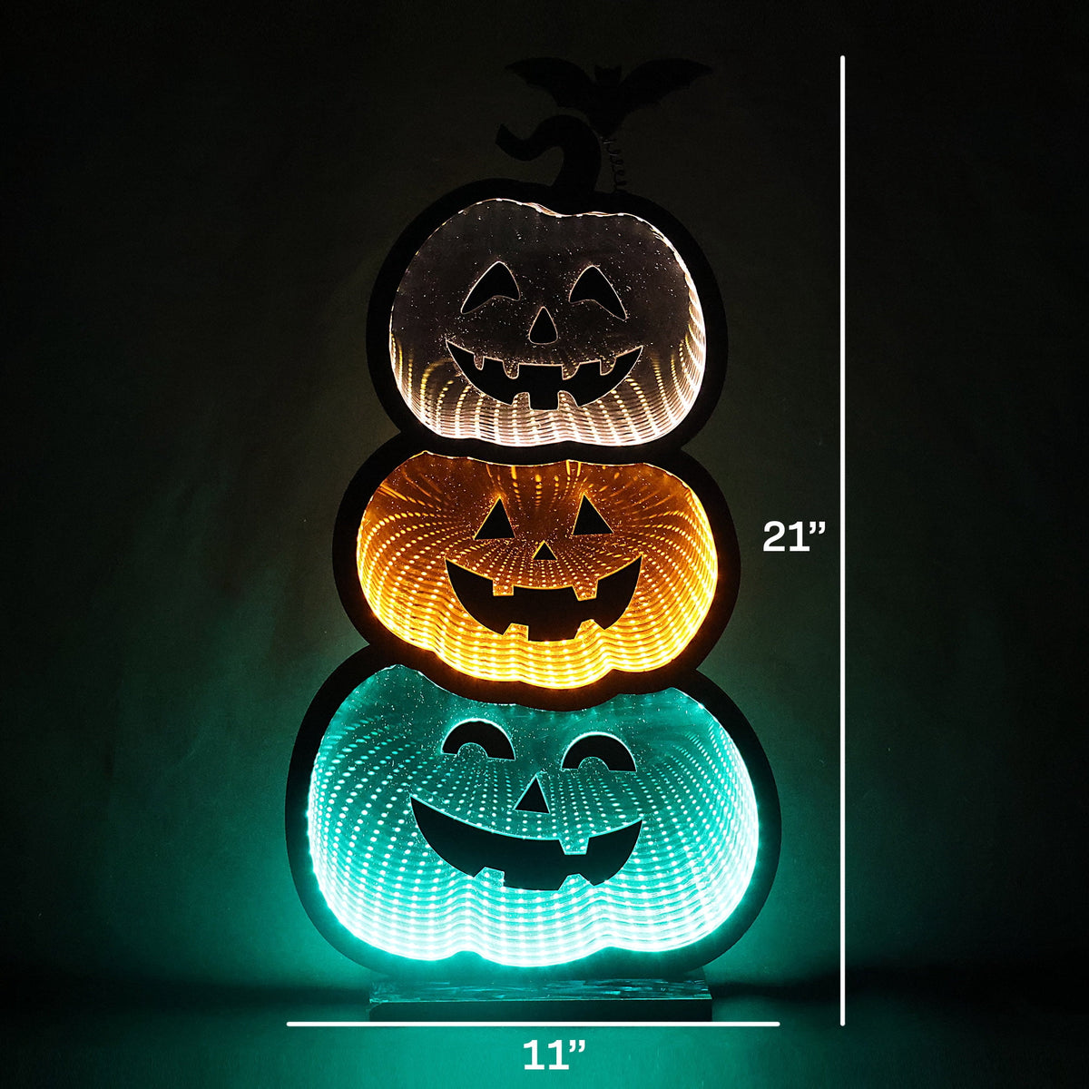 3 Stacked Pumpkins Infinity Mirror Light with Stand - LED Lighted Halloween Decoration - USB-Powered - 3D LED Infinity Light - Indoor Seasonal Decor for Tables or Windows - 11" x 21"