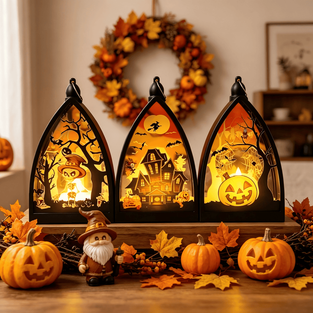 3 Pack Halloween LED Lantern Decor, Skeleton Haunted House Pumpkin Pattern, Battery Operated Tabletop Hanging Decor for Halloween Party Fireplace Mantel Indoor Home Decor