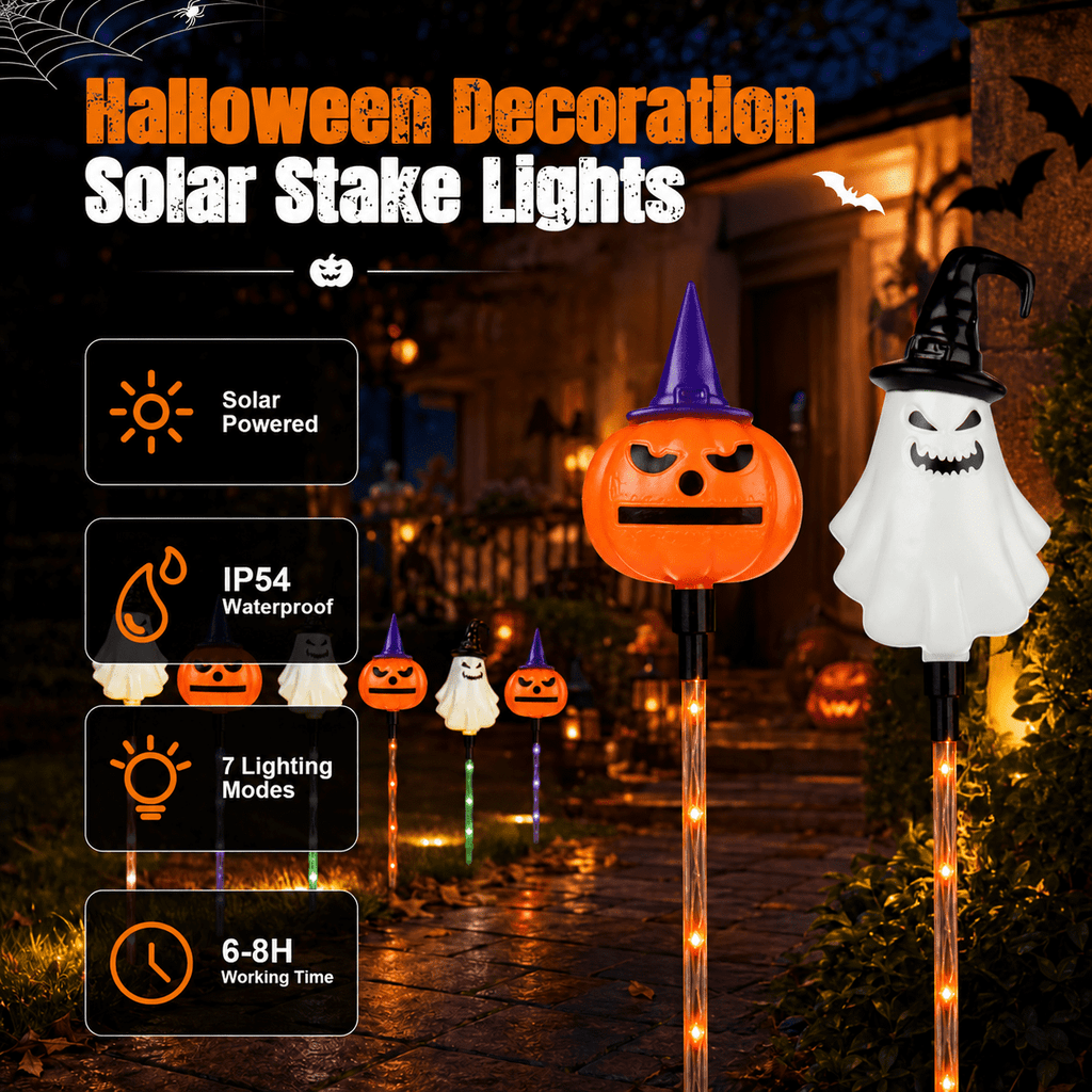 DAKIMOE Solar Halloween Path Lights, Lantern Stake Outdoor String Lights, 6-Pack