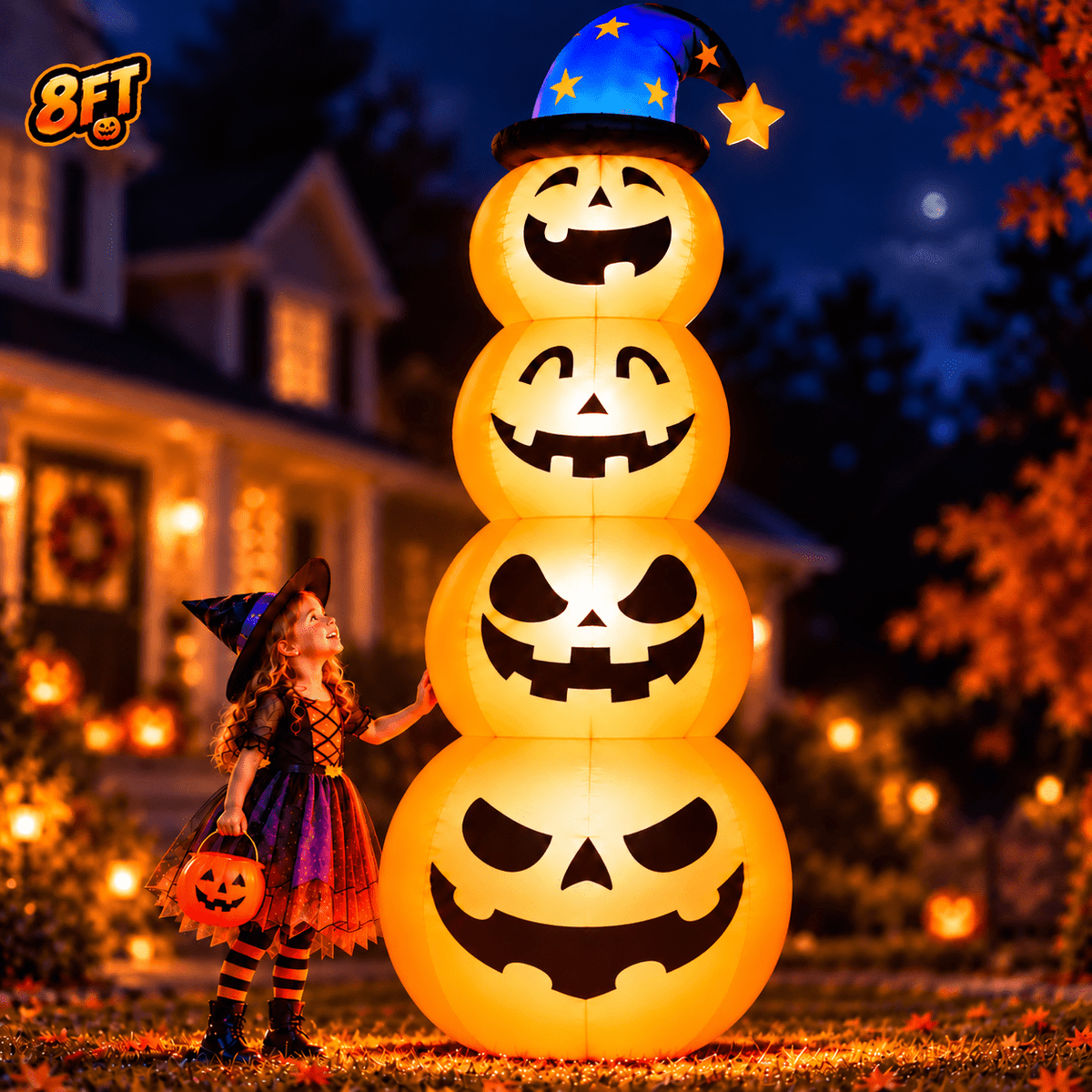 Goosiay 8ft Halloween Inflatable, Stacked Pumpkins with Witch Hat and Built-in LED Lights, Outdoor Blow up Yard Decor for Lawn, Garden, Porch and Halloween Party, Orange