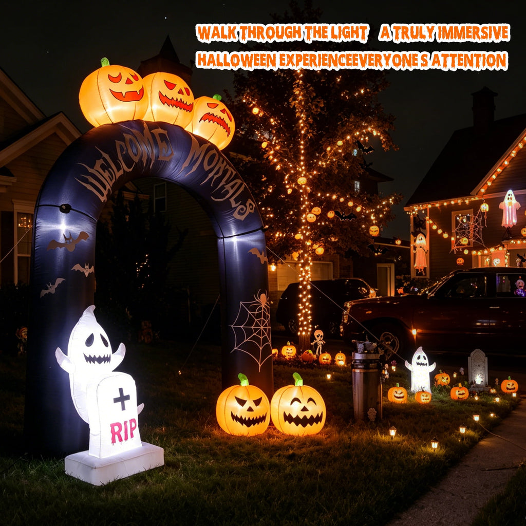 MAGOTAN 9 FT Halloween Inflatables Archway Outdoor Decorations Pumpkin Ghost Archway Halloween Inflatable Blow Up Pumpkin Tombstone Decoration Build-in LED Lights