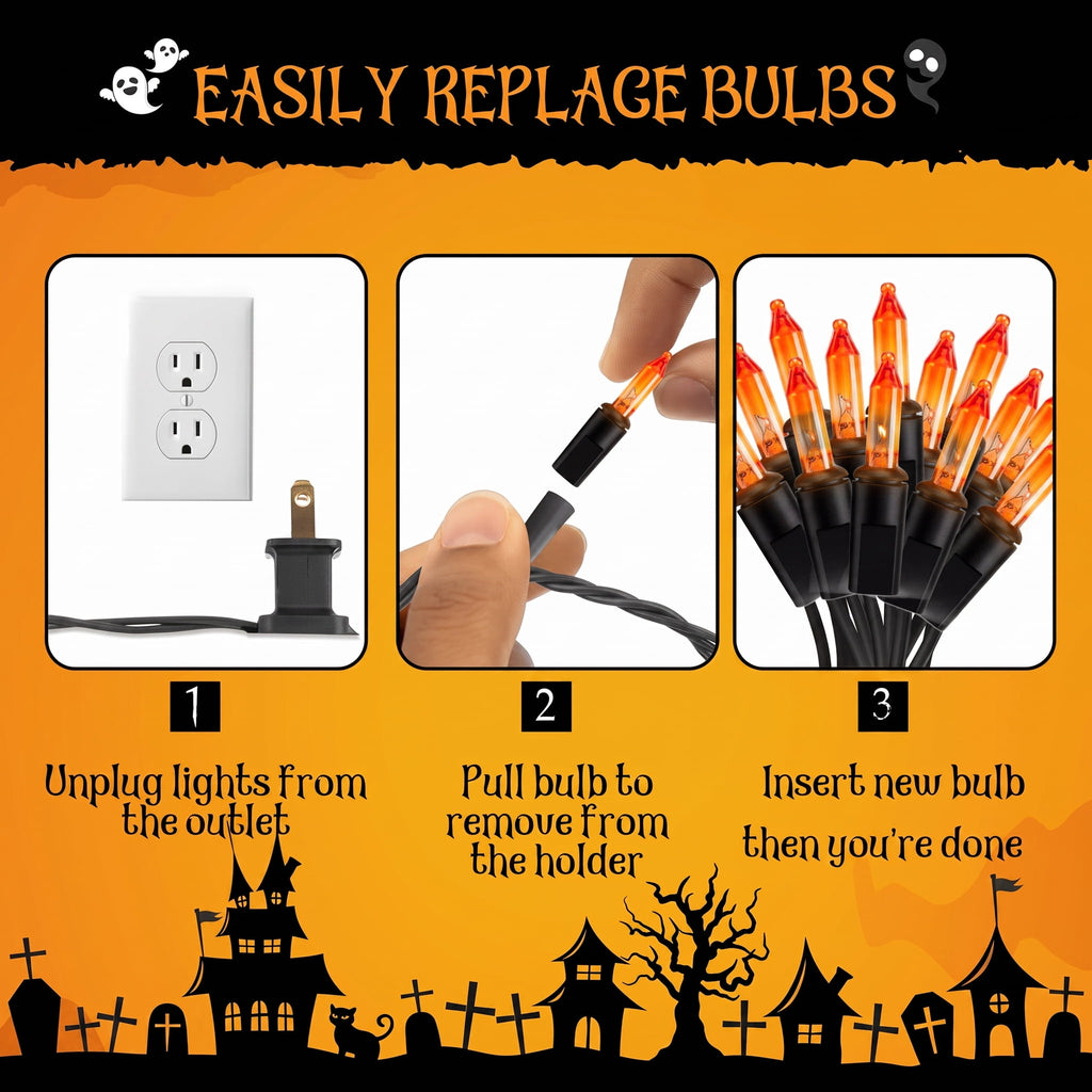 VOLIVO Halloween String Lights, 33FT Incandescent Mini Lights, with 100 Count Orange Waterproof Bulbs, for Home, Party, Yard, Christmas Tree, Indoor and Outdoor Decorations