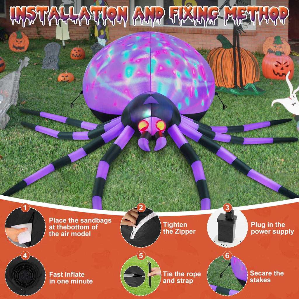 Yexmas 8FT Halloween Inflatables Outdoor Decorations Giant Spider Decorations with LED Lights and Air Pump Blow up Inflatable, Purple
