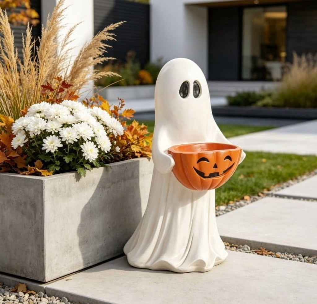 Homellea Ghost Figurine with Pumpkin Candy Bowl, 13.7 Inch Halloween Decorative Statue for Covered Porch, Entryway, Tabletop, Mantel, Shelf, Yard Display and Fall Home Decor Accent