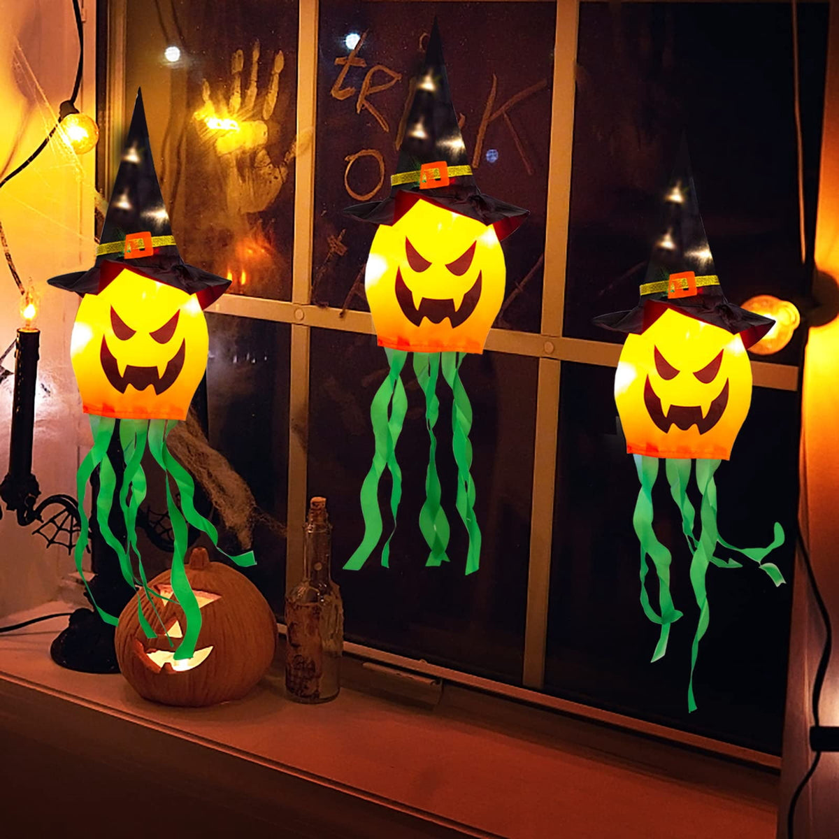 TETOU 5Pcs Halloween Decorations Outdoor Hanging Lights, Glowing Pumpkin Witch Hat Led Scary Light for Indoor Outside Party Tree Garden Porch Halloween Decoration - Warm Color
