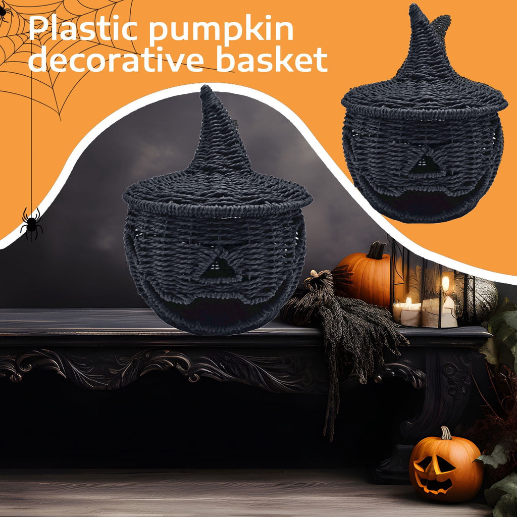 Aximioll Halloween Black Woven Jack-O-Lantern Pumpkin Decor, Hand Woven Rattan Wicker Style Statue, Trick or Treat Candy Bowl Lantern for Porch Entryway Fireplace Mantel Table, Black, 11 Inches