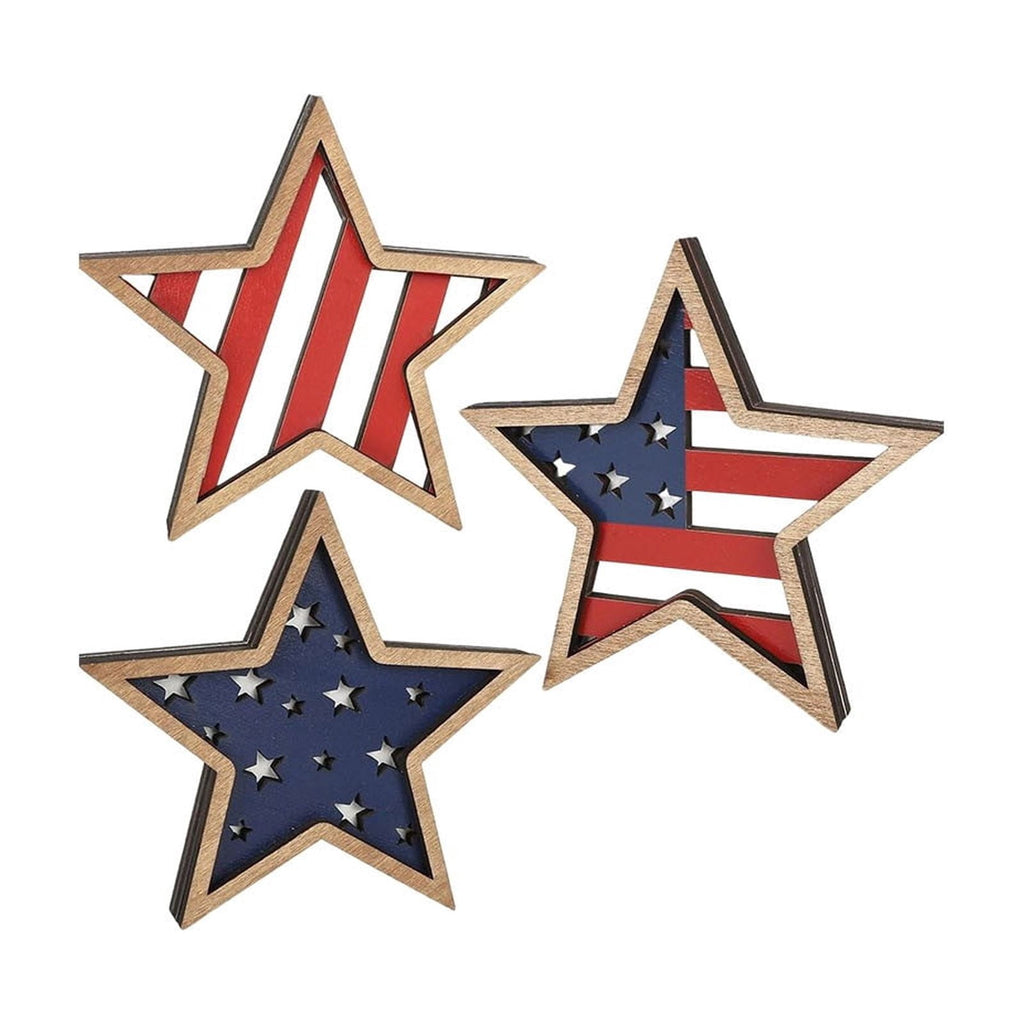 Japceit 3Pcs 4Th Of July Decorations Wooden Stars,Red White Blue Patriotic Decor, Independence Day Ornaments Set,For Home Office Table Shelf