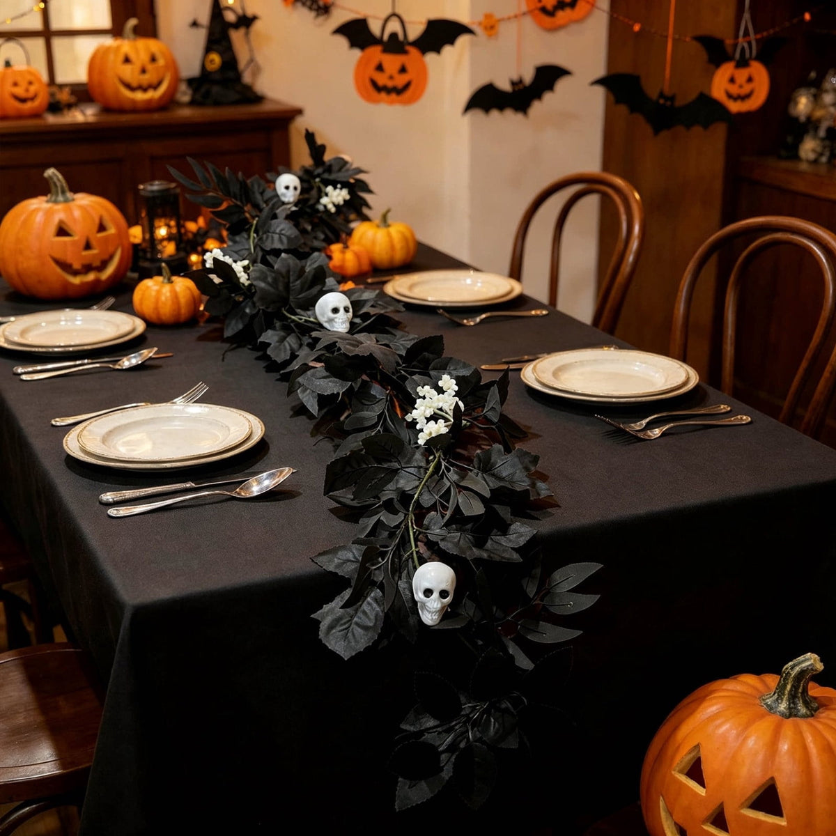 Halloween Black Garland with LED Lights 70.87 Inch Gothic Foliage for Mantel Stair Halloween Party Home Indoor Decor