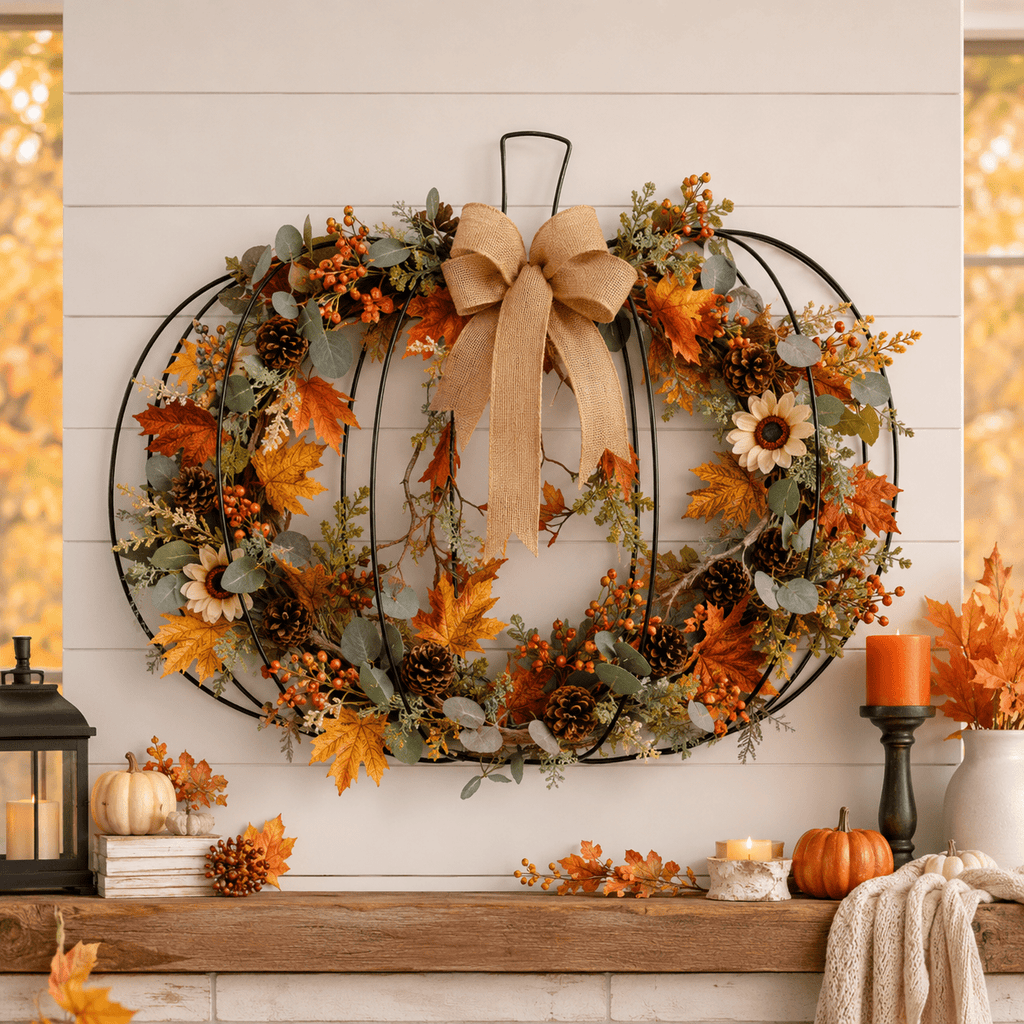 1Pc Wire Pumpkin Wreath Form, 11.41"x9.84" Metal Pumpkin Wreath Frame for Fall DIY Crafts, Autumn Shaped Wire Base for Halloween Thanksgiving Front Door Decor