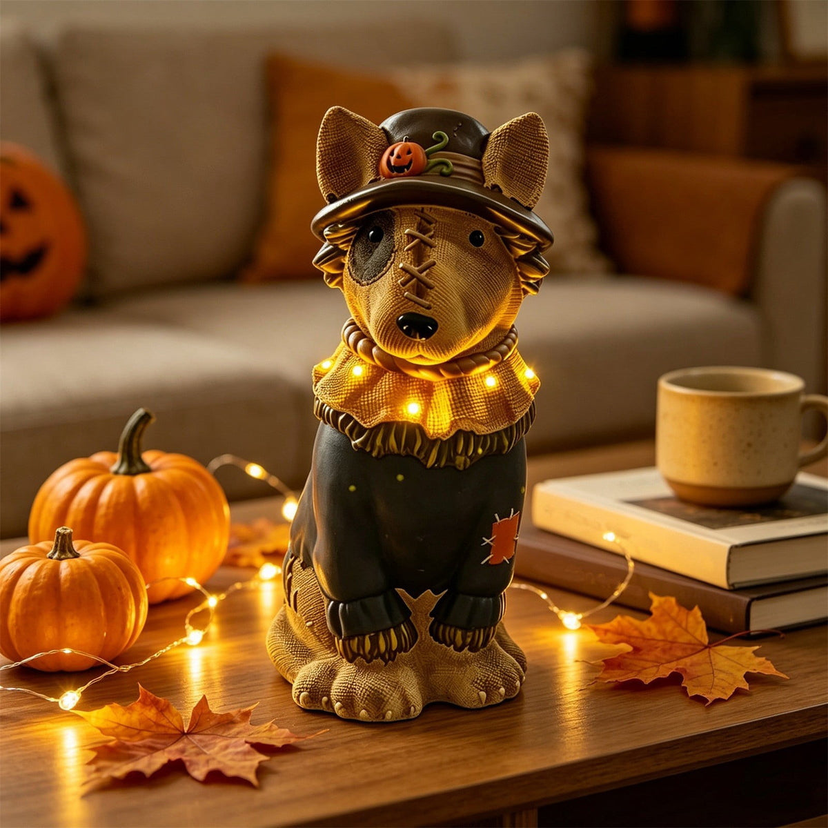 Fall Decorations for Home, 7.9in Lighted Halloween Scarecrow Dog Figurine, Resin Thanksgiving Halloween Garden Dogs Figurines for Autumn Harvest Porch Yard Garden Decor