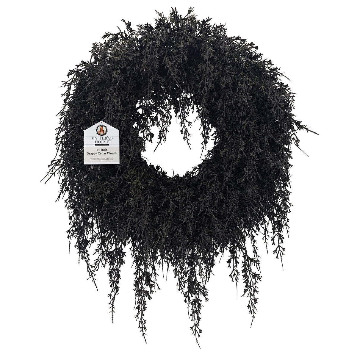 My Texas House Halloween Drapey Faux Cedar Wreath, Black, 24"